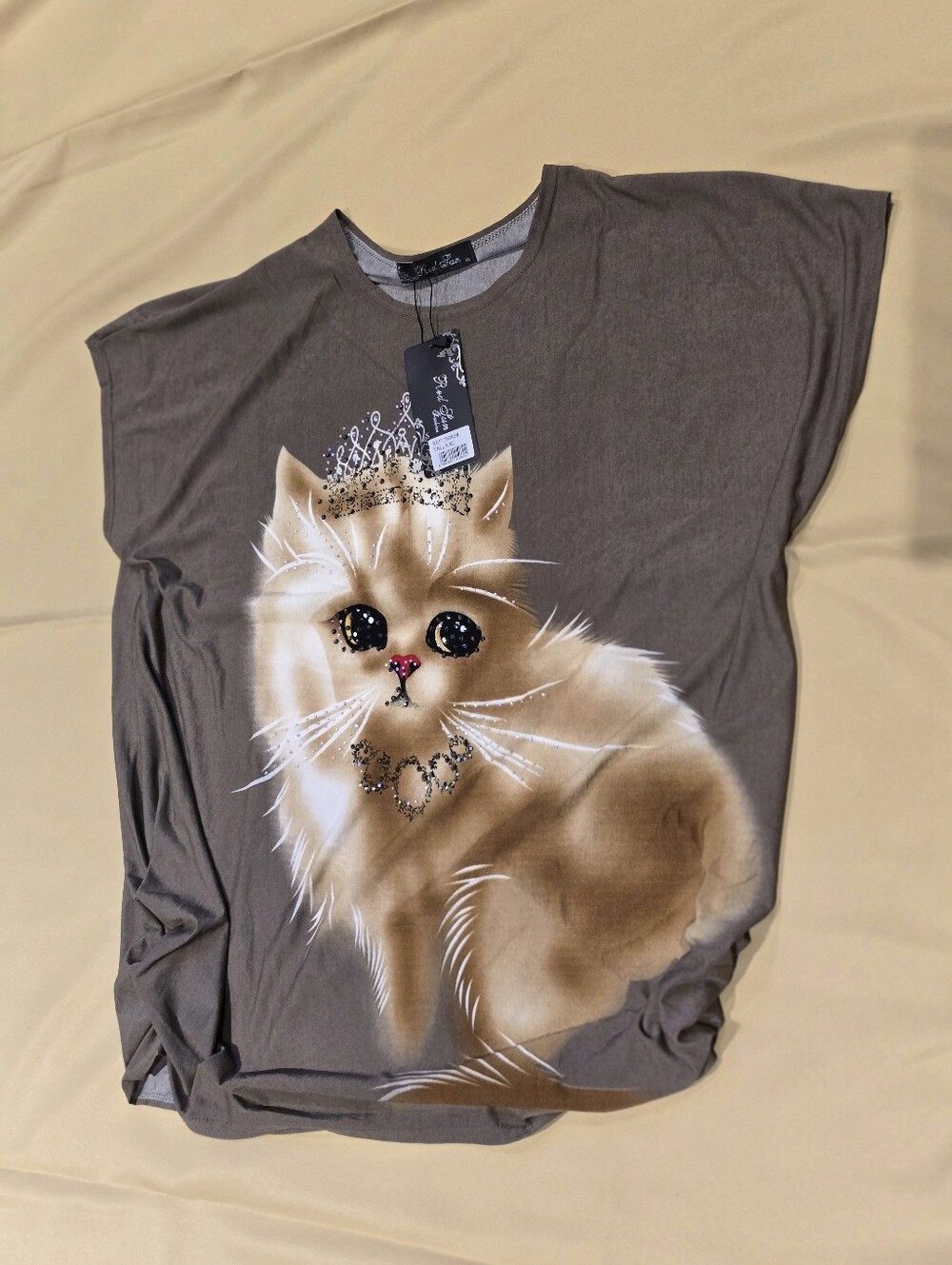 Oversized Rhinestone Cat Tunic Top | Whimsigoth Slouchy Cat Princess Tee